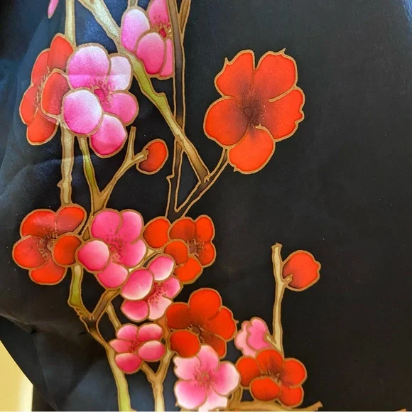 Old Shanghai Cherry Blossom Black Silk Kimono Floral Robe O/S - Picture 6 of 13